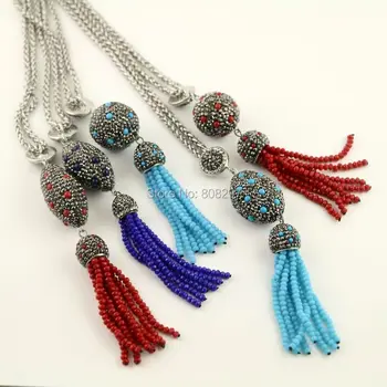 5Pcs Pave Crystal Olive/Round Ball Bead with Crystal Tassel Pendant Necklace, Metal Silver Plated Chain Necklace
5Pcs Pave Crystal Olive/Round Ball Bead with Crystal Tassel Pendant Necklace, Metal Silver Plated Chain Necklace