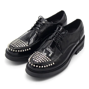 All black cool men's round rivets toe leather shoes high quality thick heel genuine leather flats handmade lace up platform shoe 
All black cool men's round rivets toe leather shoes high quality thick heel genuine leather flats handmade lace up platform shoe