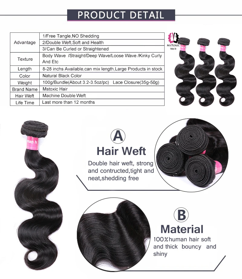 Brazilian body wave hair bundles with closure