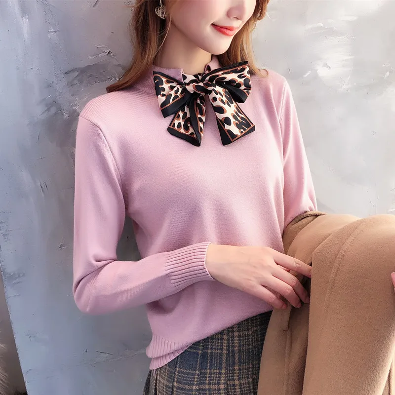 Sleeve round neck tie leopard collar scarf sweater female autumn and winter new long sleeve wild bottoming knit shirt tide
Sleeve round neck tie leopard collar scarf sweater female autumn and winter new long sleeve wild bottoming knit shirt tide