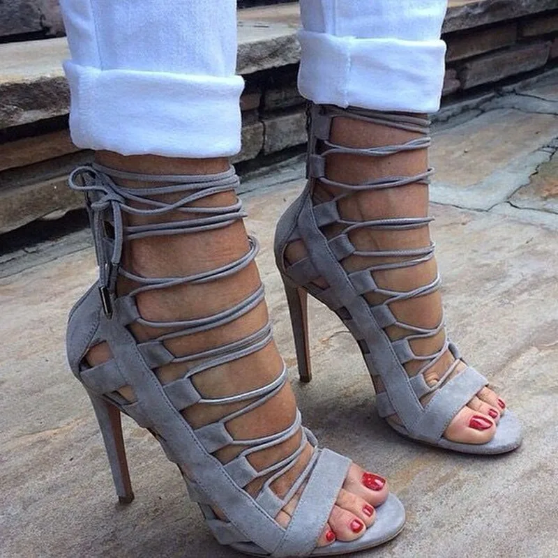 Amazon Cutout Suede Sandals 2017 High Quality Cage High brand Lace Up Sexy Ladies Shoes Woman Stiletto Gladiator Sandals Pumps