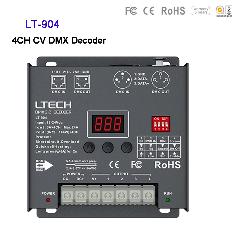 LTECH LT-904 4 Channel LED DMX decoder DC12V-24V input;6A*4CH Max. 24A 576W output XLR-3/RJ45 4CH CV DMX Decoder led controller
LTECH LT-904 4 Channel LED DMX decoder DC12V-24V input;6A*4CH Max. 24A 576W output XLR-3/RJ45 4CH CV DMX Decoder led controller