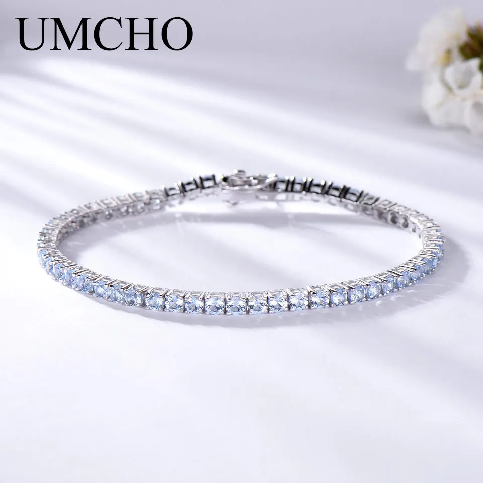 

UMCHO 925 Sterling Silver Bracelet Created Sky Blue Topaz Gemstone Fine Jewelry 3MM 18CM Bracelet for Women Birthstone Wedding