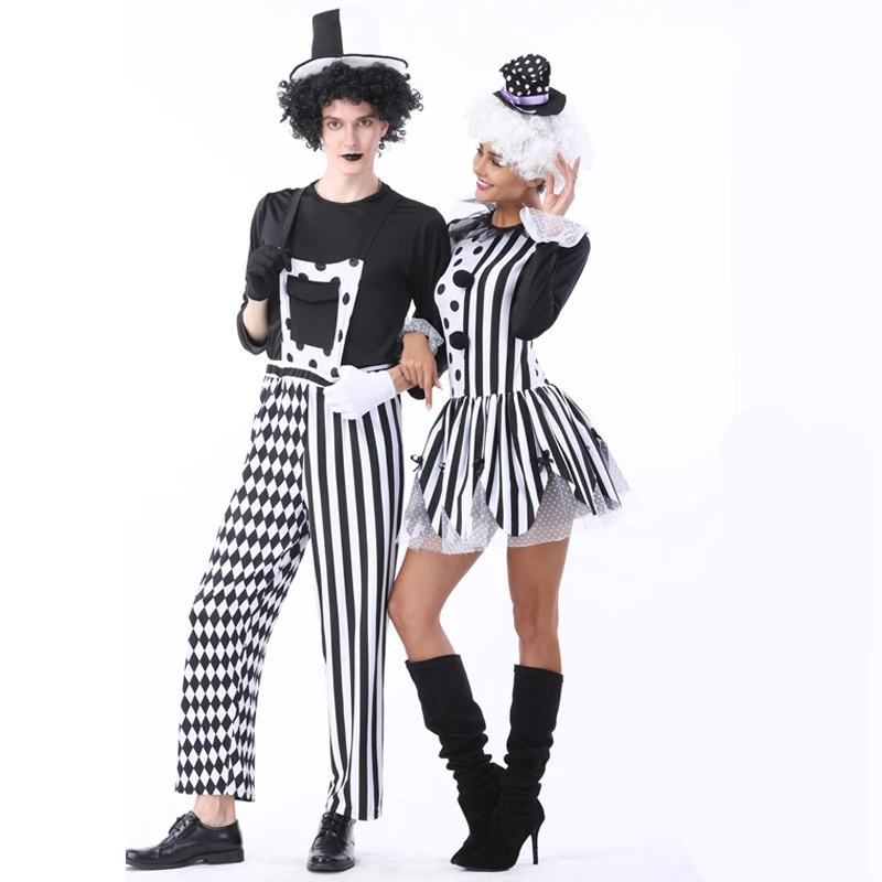 

Black and White Couple Circus Clown Costume,Mens Nobody's Fool Costume,Women Devious Playful Jester Babe Costume Clowns Uniforms