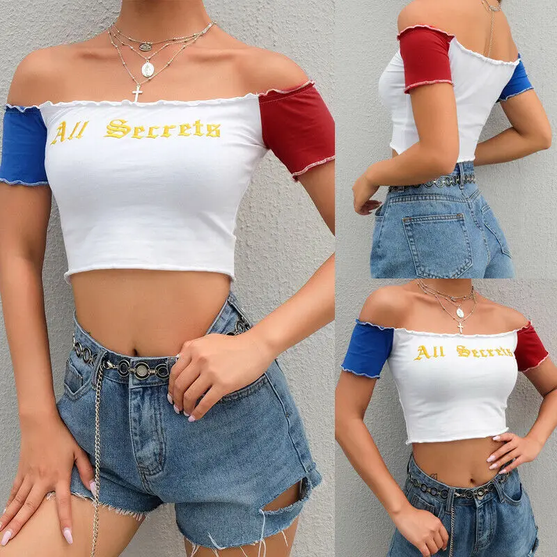 Hirigin Summer Women Slim Tank Top Off Shoulder Letter Print Red Blue Sleeves Casual Crop Top
Hirigin Summer Women Slim Tank Top Off Shoulder Letter Print Red Blue Sleeves Casual Crop Top