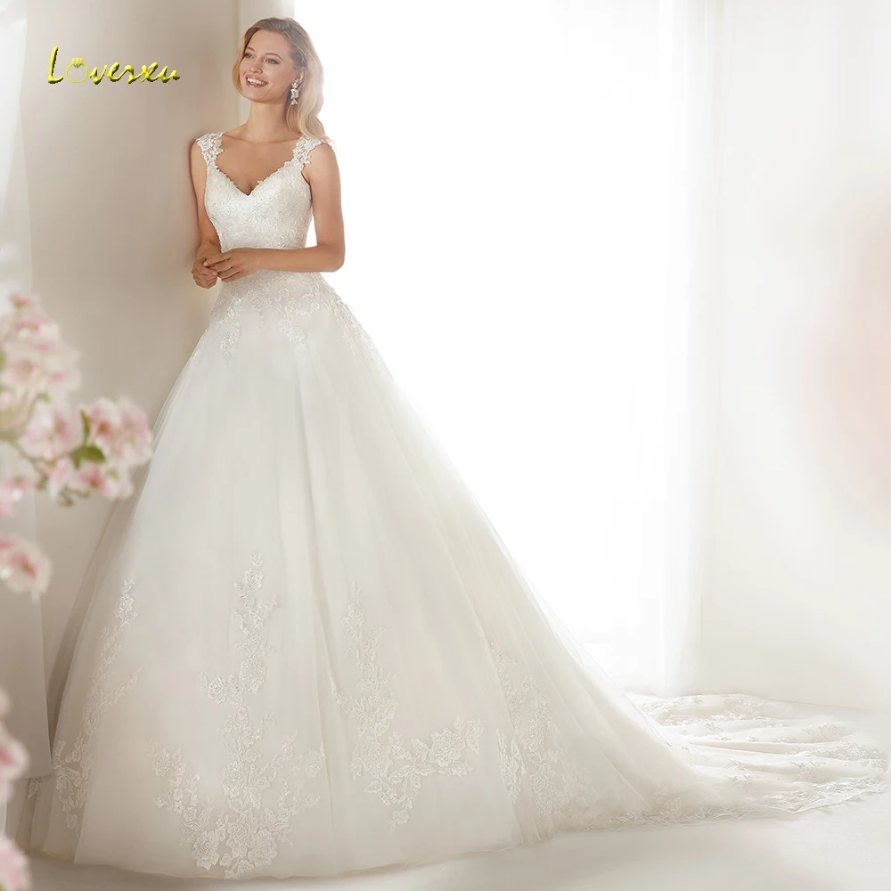 Loverxu Delicate V-Neck A Line Wedding Dress Cut-Out Applique Cap Sleeve Backless Bride Court Train Bridal Gowns Plus Size | Свадьбы и