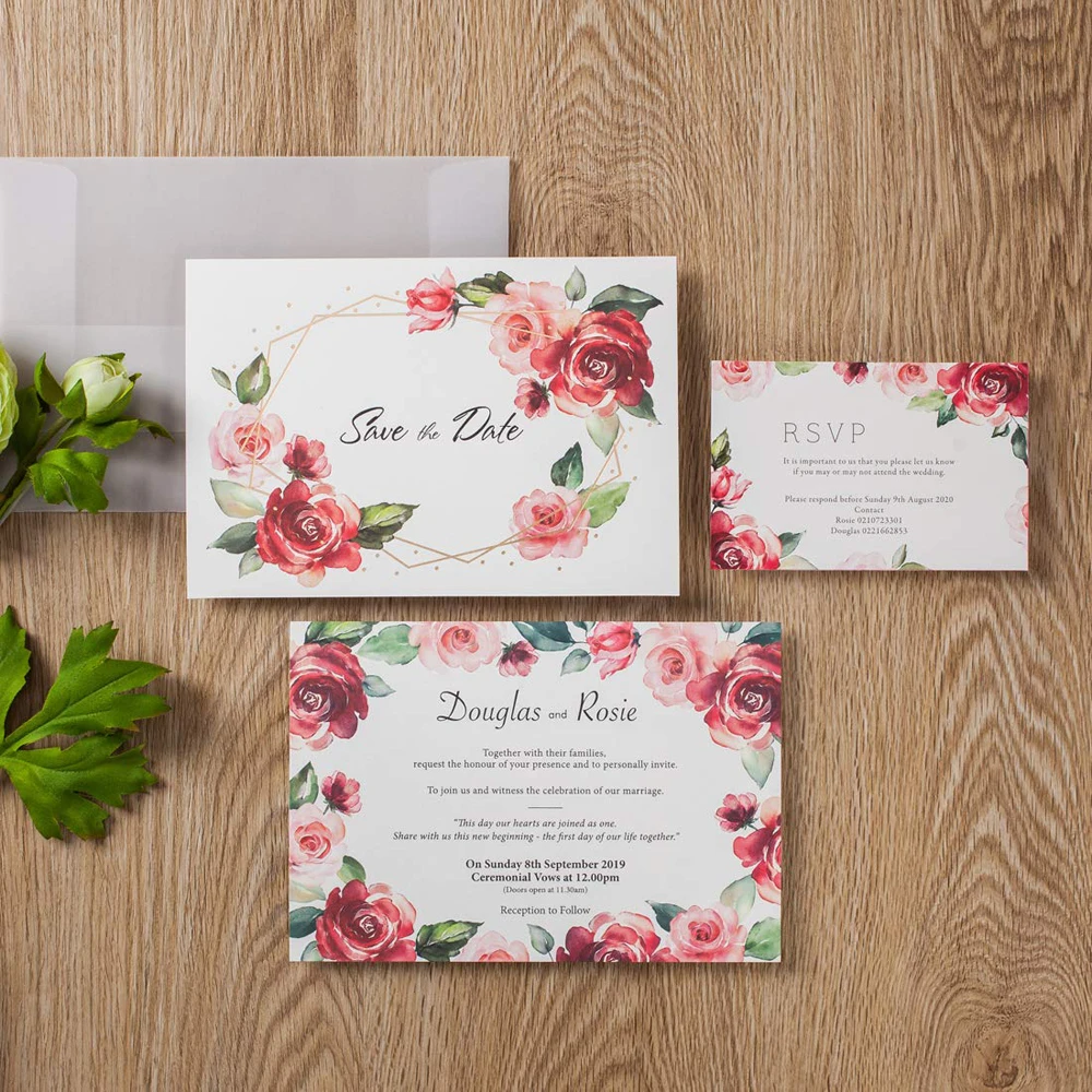 100pcs Rose Floral Design Invitations Cards with RSVP Cards and Save and Date Card Sulfuric Paper Envelope for Party Supplies
100pcs Rose Floral Design Invitations Cards with RSVP Cards and Save and Date Card Sulfuric Paper Envelope for Party Supplies