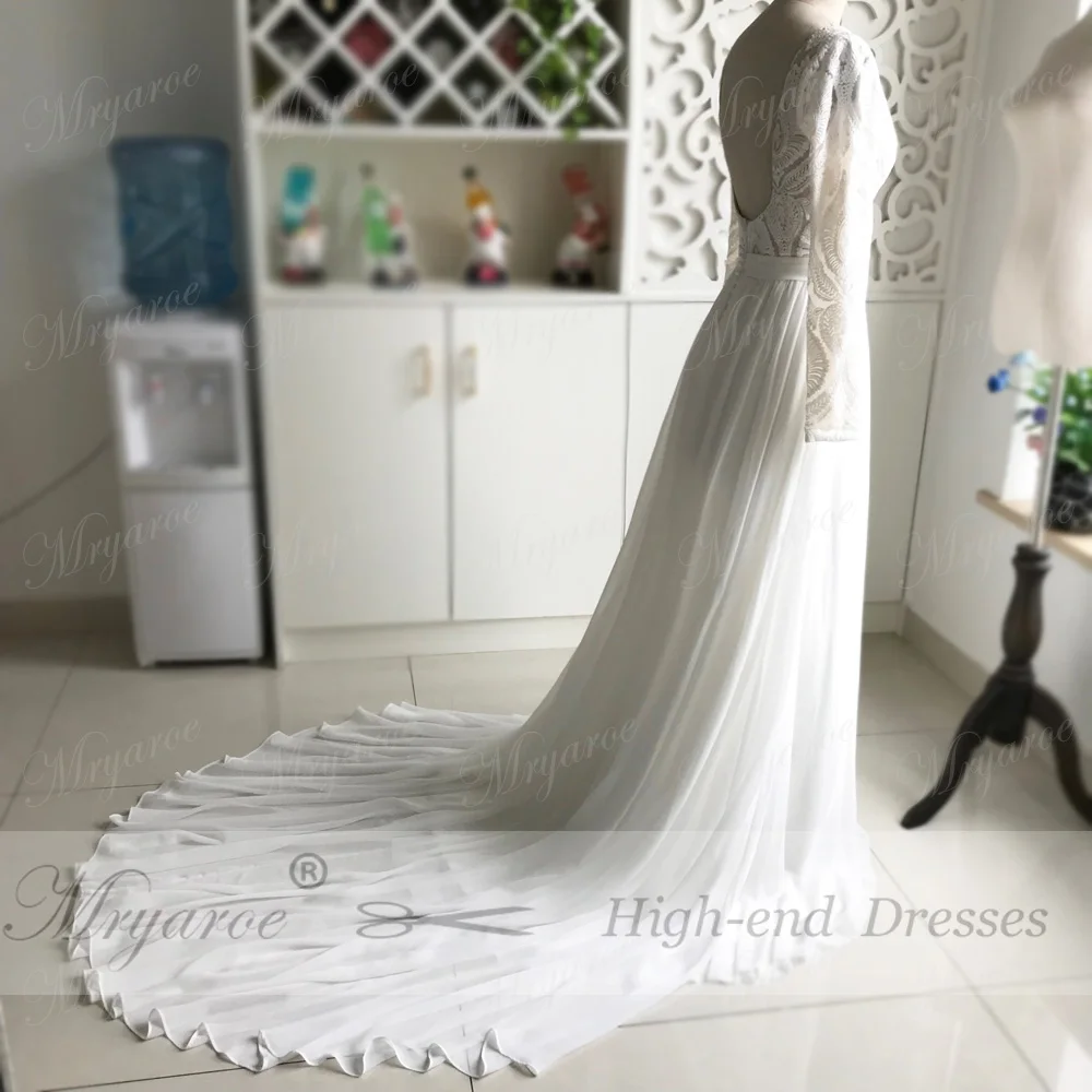 Mryarce Unique Lace Long Sleeves Open Back Hippie StylevWedding Dress Chiffon A line Long Boho Chic Rustic Bridal Gowns (3)