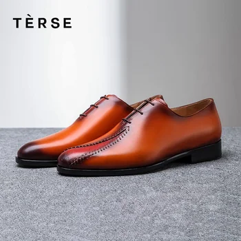 

TERSE Men Dress Shoe Handmade Genuine Leather Oxford Footwear Male Patch Tobacco Blue Color Wedding Shoes Custom Service 1515-9