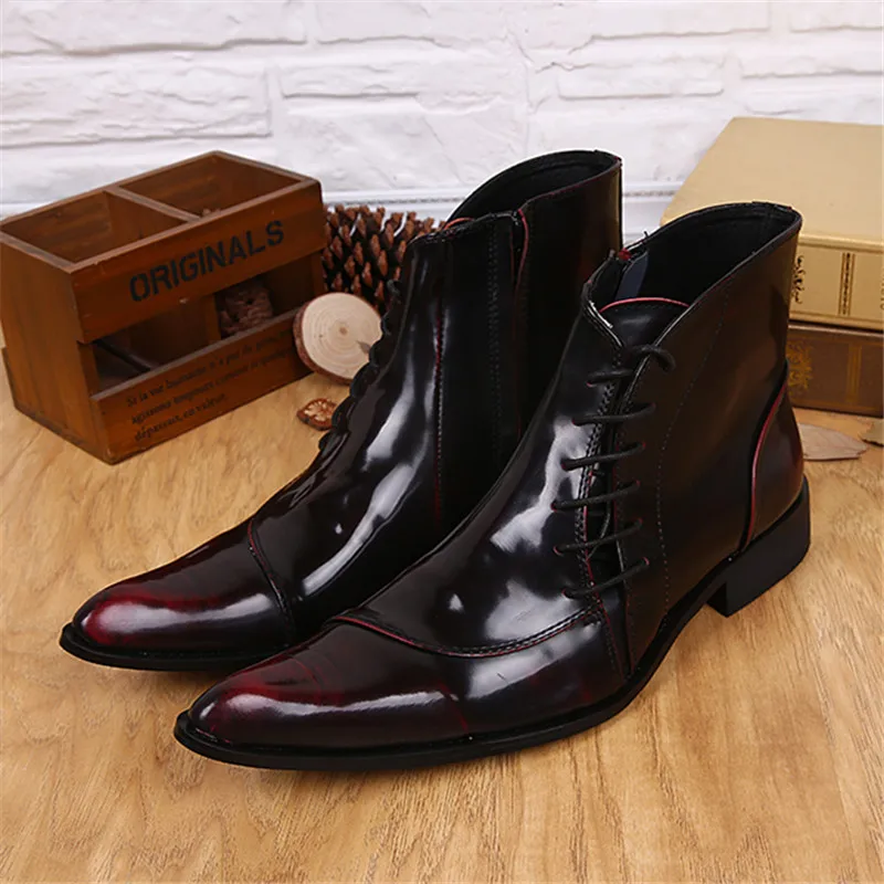 Wine Red Side Zipper Men Ankle Boots Genuine Leather Lace Up Shoes Dress Booties Mens Pointed Toe Cowboy Military Boots
Wine Red Side Zipper Men Ankle Boots Genuine Leather Lace Up Shoes Dress Booties Mens Pointed Toe Cowboy Military Boots
