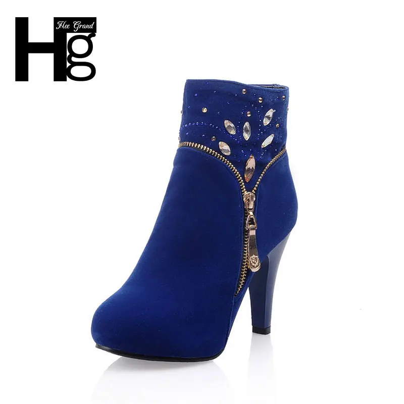

HEE GRAND Women Crystal Design Ankel Boots Zip Concise Style Shoes Fashion Thin High Heels Rhinestone Ladies Shoes Women XWX4019