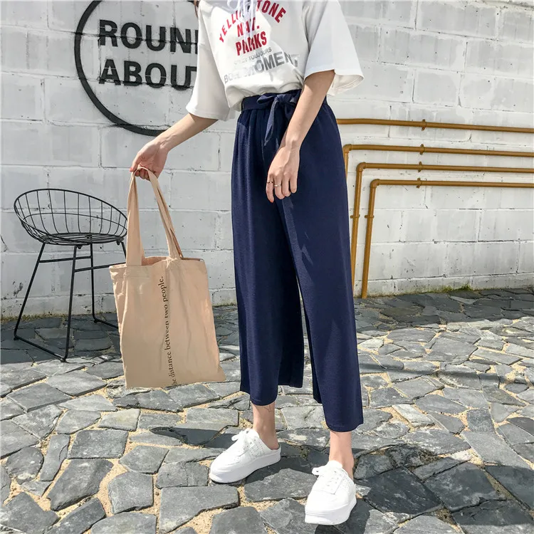 Plus Size - Casual Elastic Waist Loose Wide Leg Pants Preppy Style Trousers Female Palazzo Pants (Us 18W-20W)