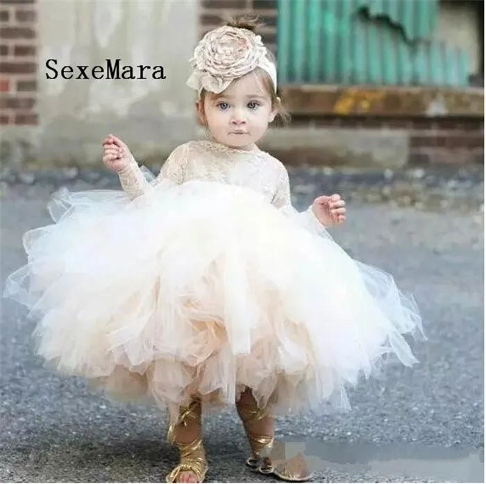 

Baby Infant Toddler Birthday Dress long sleeve lace tutu dress ivory and champagne flower girl dress for wedding