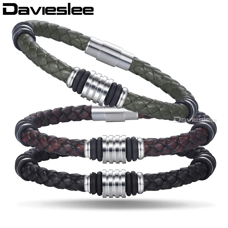 Davieslee Genuine Leather Bracelets For Men Stainless Steel Magnetic Clasp Brown Green Black Mens Bracelet Jewelry 6mm LDLBM19 | Украшения