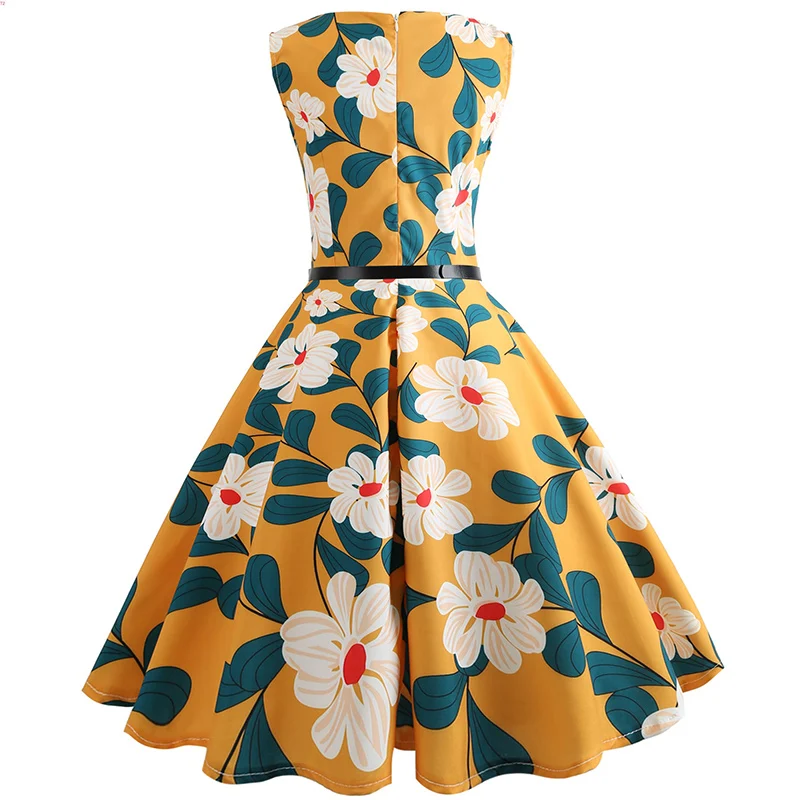 Kostlich Women Floral Printed Big Swing Dress Summer Hepburn Vintage Dress With Sashes O-Neck Casual Ladies Dresses Plus Size (4)