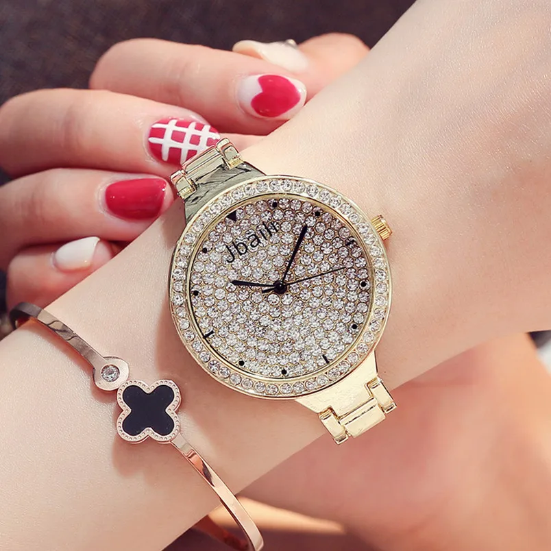 Часы наручные женские кварцевые со стразами брендовые роскошные золотистые для