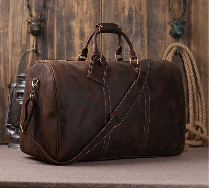 

Vintage Crazy Horse Genuine Leather Men's Travel Bag Of Trip Men Leather Duffle Bag Large Luggage Bag Tote Weekend Bag Overnight