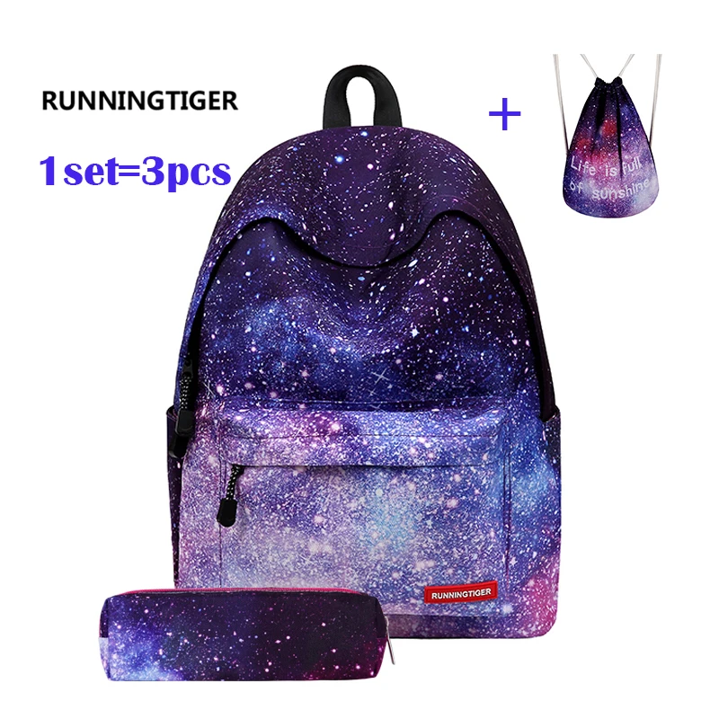 Image RUNNINGTIGER High Quality 3pcs Sets Backpack With Drawstring Bag and Pencil Case Printing Backpack School Bags for Teenagers