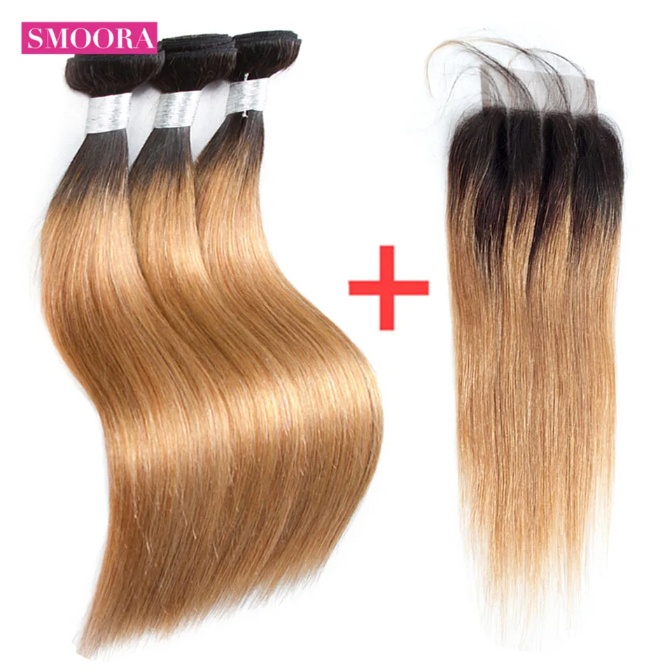 omber dark roost blonde straight bundle hair with closure