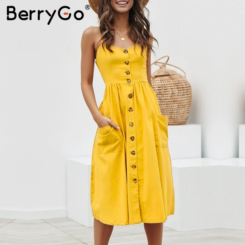 BerryGo Elegant casual buttons women dress Spaghetti strap dresses pockets polka dots dresses Summer female plus size vestidos
BerryGo Elegant casual buttons women dress Spaghetti strap dresses pockets polka dots dresses Summer female plus size vestidos