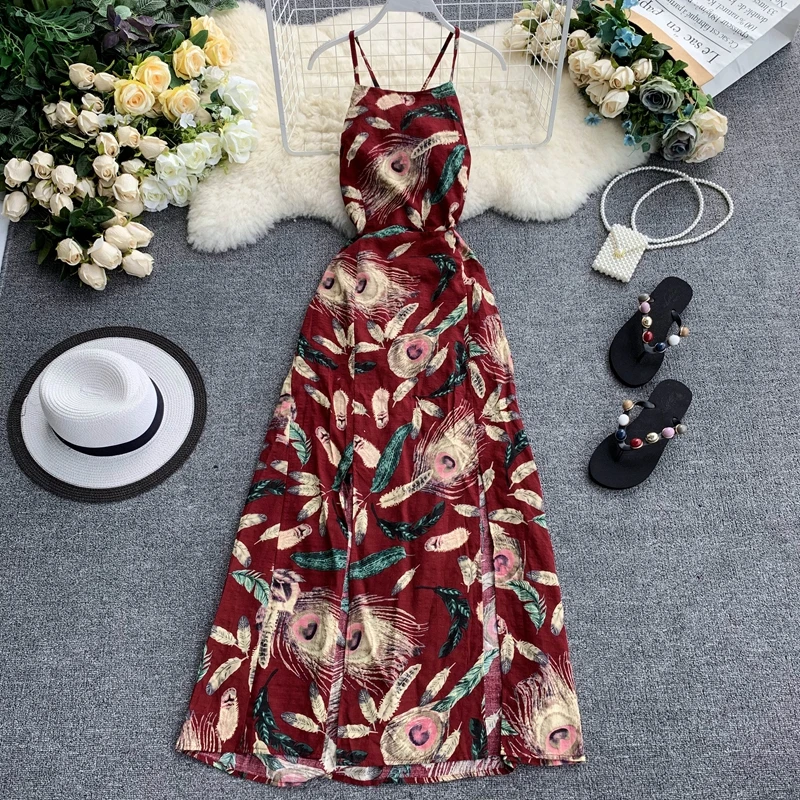 2019 new fashion women's dresses Retro pattern print sexy backless waist slimming split beach dress
2019 new fashion women's dresses Retro pattern print sexy backless waist slimming split beach dress