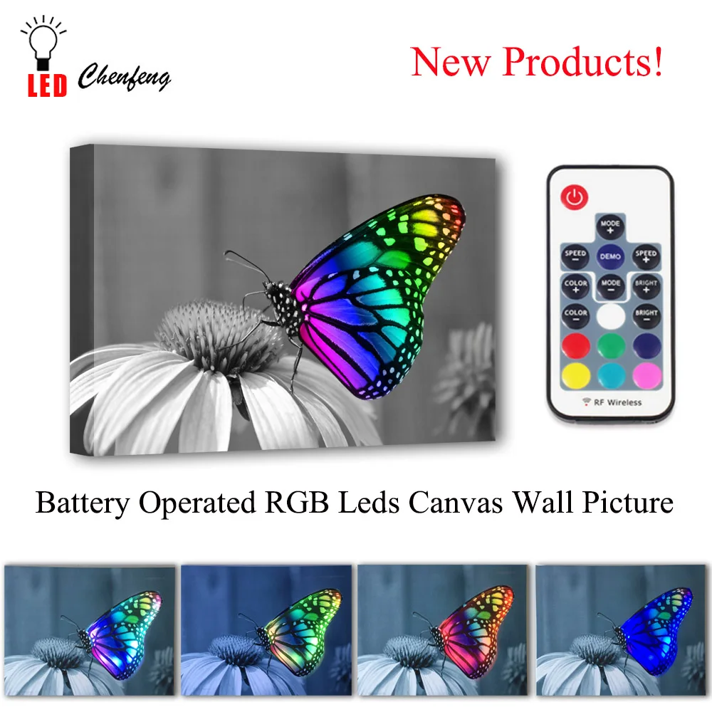 Battery Open RGB Leds Canvas Wall Picture colorful butterfly Remote control Canvas Printing Illuminated painting Decorative Gift
Battery Open RGB Leds Canvas Wall Picture colorful butterfly Remote control Canvas Printing Illuminated painting Decorative Gift
