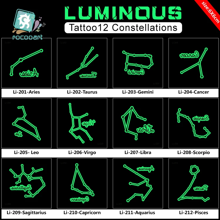 12 Differrnt Constellation Glowing in the dark Temporary Tattoo Sticker Fake Flashing Body Tattoo Luminous Body Art Tatoo
12 Differrnt Constellation Glowing in the dark Temporary Tattoo Sticker Fake Flashing Body Tattoo Luminous Body Art Tatoo
