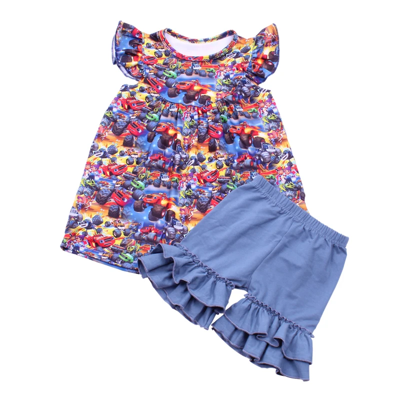 Fashionable Children Girls Cars Pattern Boutique Outfits Baby Girls Milksilk Flutter Top Blue Cotton Ruffle Clothing Set
Fashionable Children Girls Cars Pattern Boutique Outfits Baby Girls Milksilk Flutter Top Blue Cotton Ruffle Clothing Set