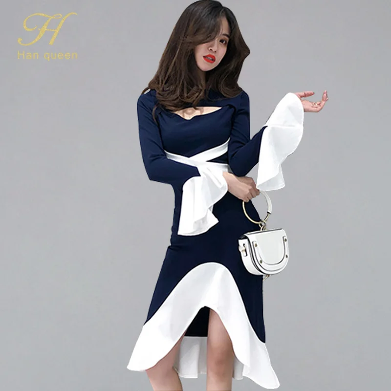 H Han Queen Women 2019 Spring New Vintage Flare Sleeve Mermaid Dress Ruffles Contrast Color Bodycon Dresses OL Ladies Vestidos
H Han Queen Women 2019 Spring New Vintage Flare Sleeve Mermaid Dress Ruffles Contrast Color Bodycon Dresses OL Ladies Vestidos