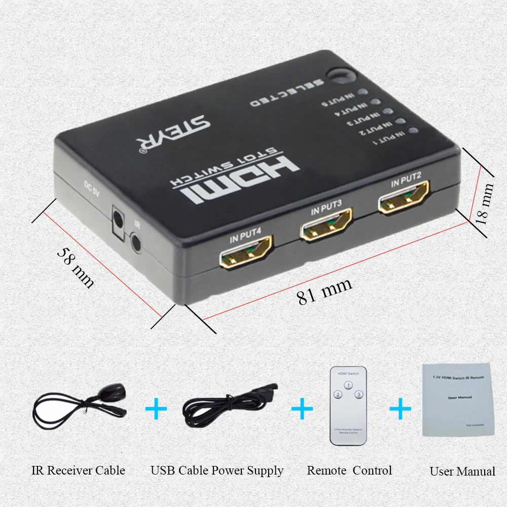 STERY HDMI 5 Ports 1080P Video HDMI Switch Switcher HDMI Splitter with IR Remote splitter box for HDTV DVD PS3
STERY HDMI 5 Ports 1080P Video HDMI Switch Switcher HDMI Splitter with IR Remote splitter box for HDTV DVD PS3