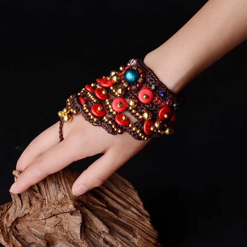 Gorgeous Handmade Braided Thailand Bell Tur quoise Pieces Wooden Beads Cloured Glaze Stone Wide Bracelet Original Ethnic Jewelry
Gorgeous Handmade Braided Thailand Bell Tur quoise Pieces Wooden Beads Cloured Glaze Stone Wide Bracelet Original Ethnic Jewelry
