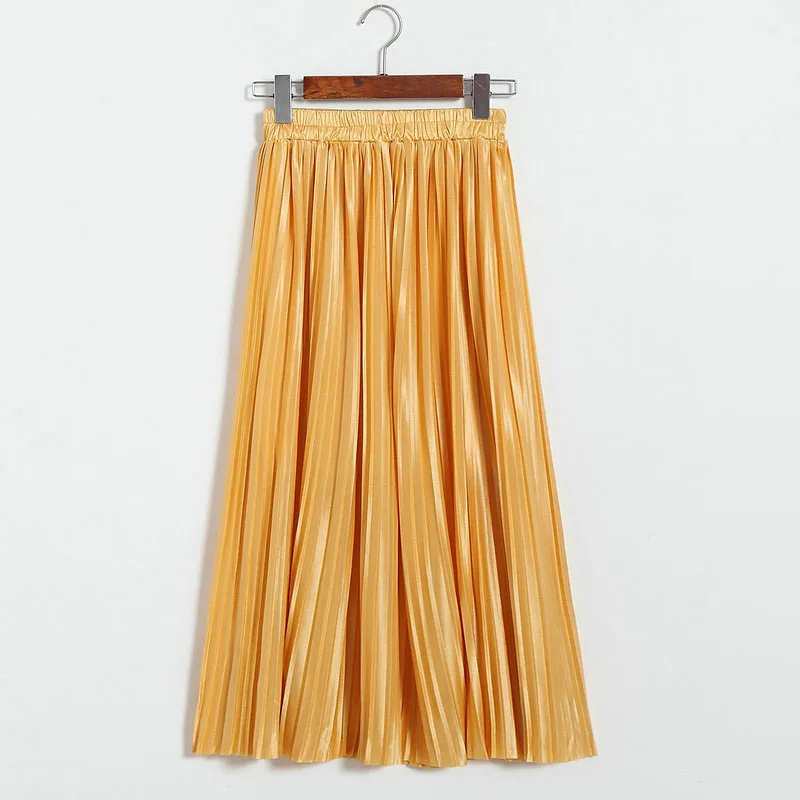 Lustrous pleated skirt metallic mid-length skirt for women of fall 2017 new Korean style joker long skirt (5)