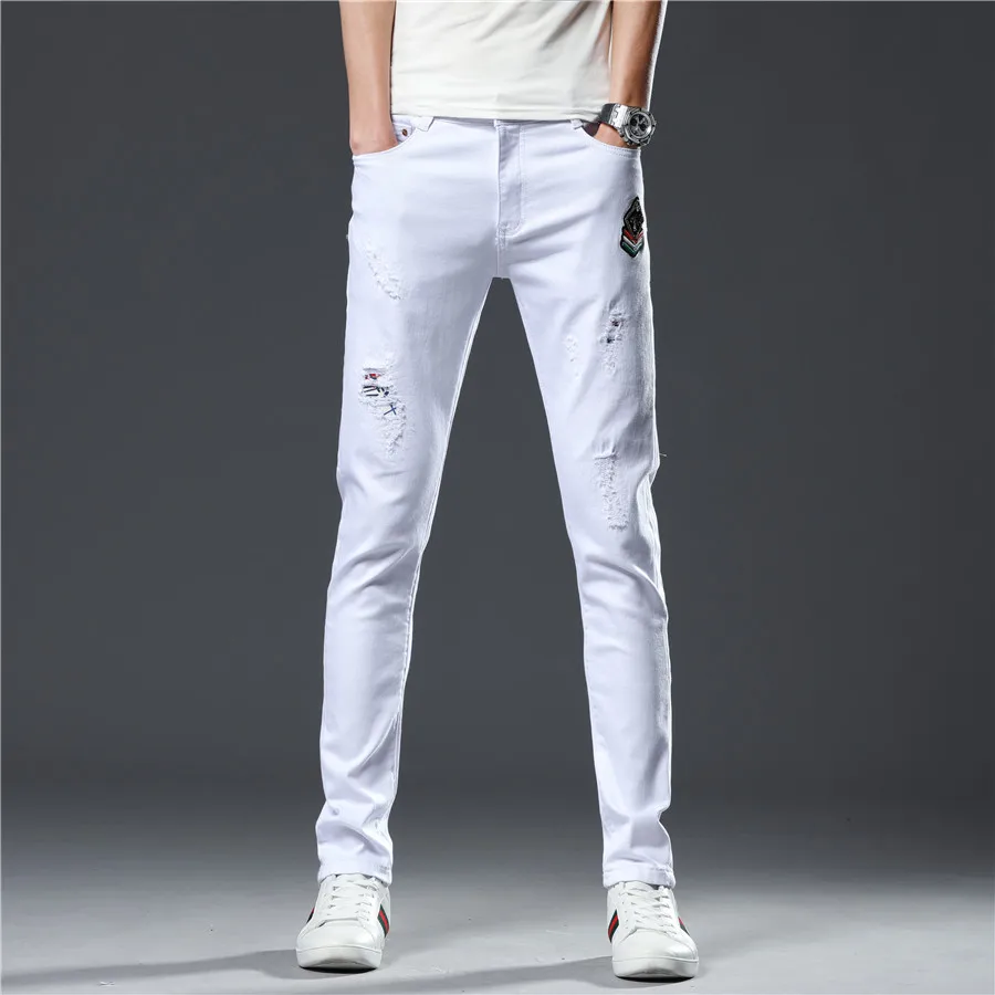 New torn ripped pants men pants chinos white embroidery slim skinny elastic men clothing trousers hip hop streetwear
New torn ripped pants men pants chinos white embroidery slim skinny elastic men clothing trousers hip hop streetwear