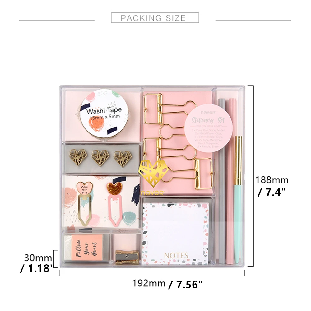 pink stationery gift kit office supplies items acrylic box size