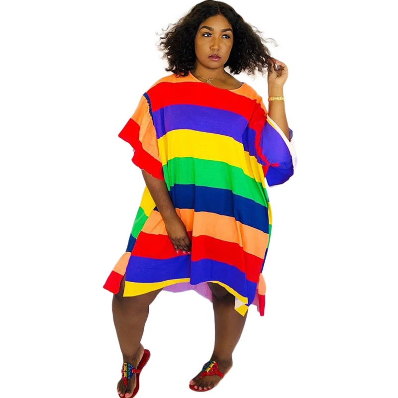 Rainbow Striped Sexy Plus Size Dress Women Round Neck Short Ruffle Sleeve Loose Dress Summer Irregular Knee-Length Beach Dress
Rainbow Striped Sexy Plus Size Dress Women Round Neck Short Ruffle Sleeve Loose Dress Summer Irregular Knee-Length Beach Dress