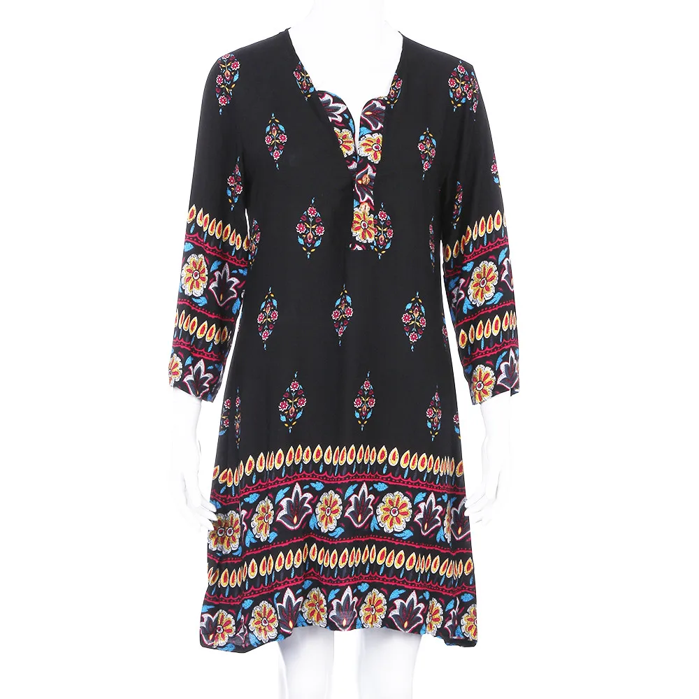 2017 New Women Print Long Sleeve Boho Dress Beach Evening Party Mini Dress Dropshipping L518 12