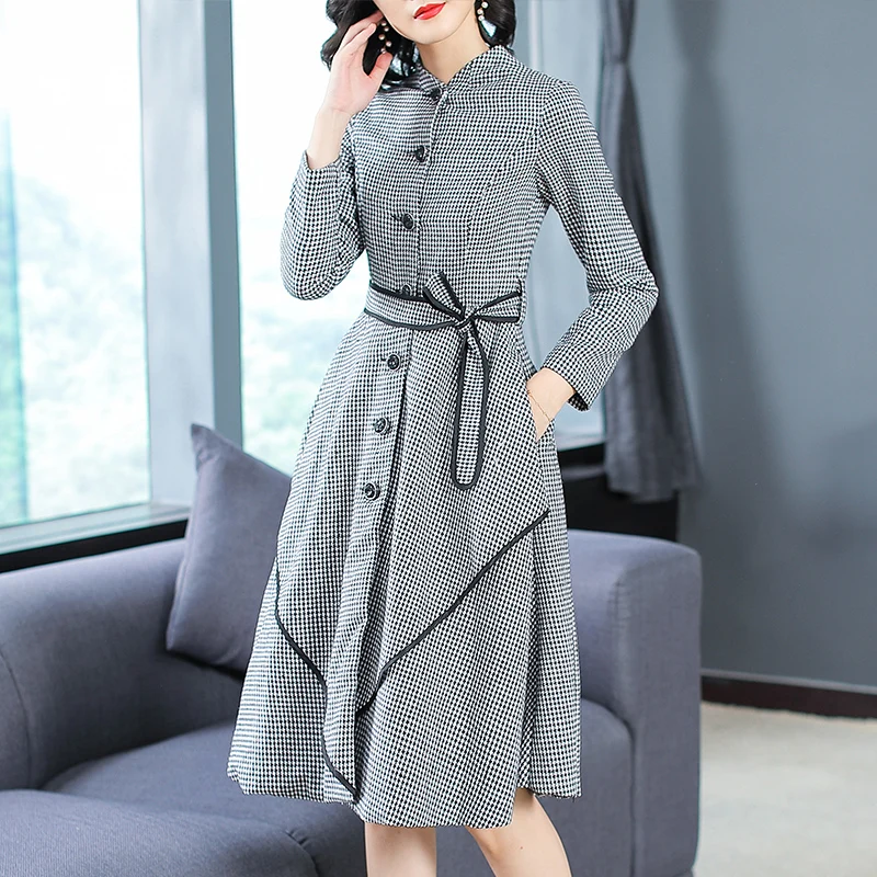Корейское осеннее женское винтажное тонкое платье трапециевидной формы с узором