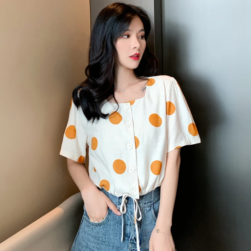 Vintage Polka Dot Crop Blouse Summer Korean Fashion Square Collar Drawstring Crop Top Women Short Chiffon Women's Blouse Elegant
Vintage Polka Dot Crop Blouse Summer Korean Fashion Square Collar Drawstring Crop Top Women Short Chiffon Women's Blouse Elegant