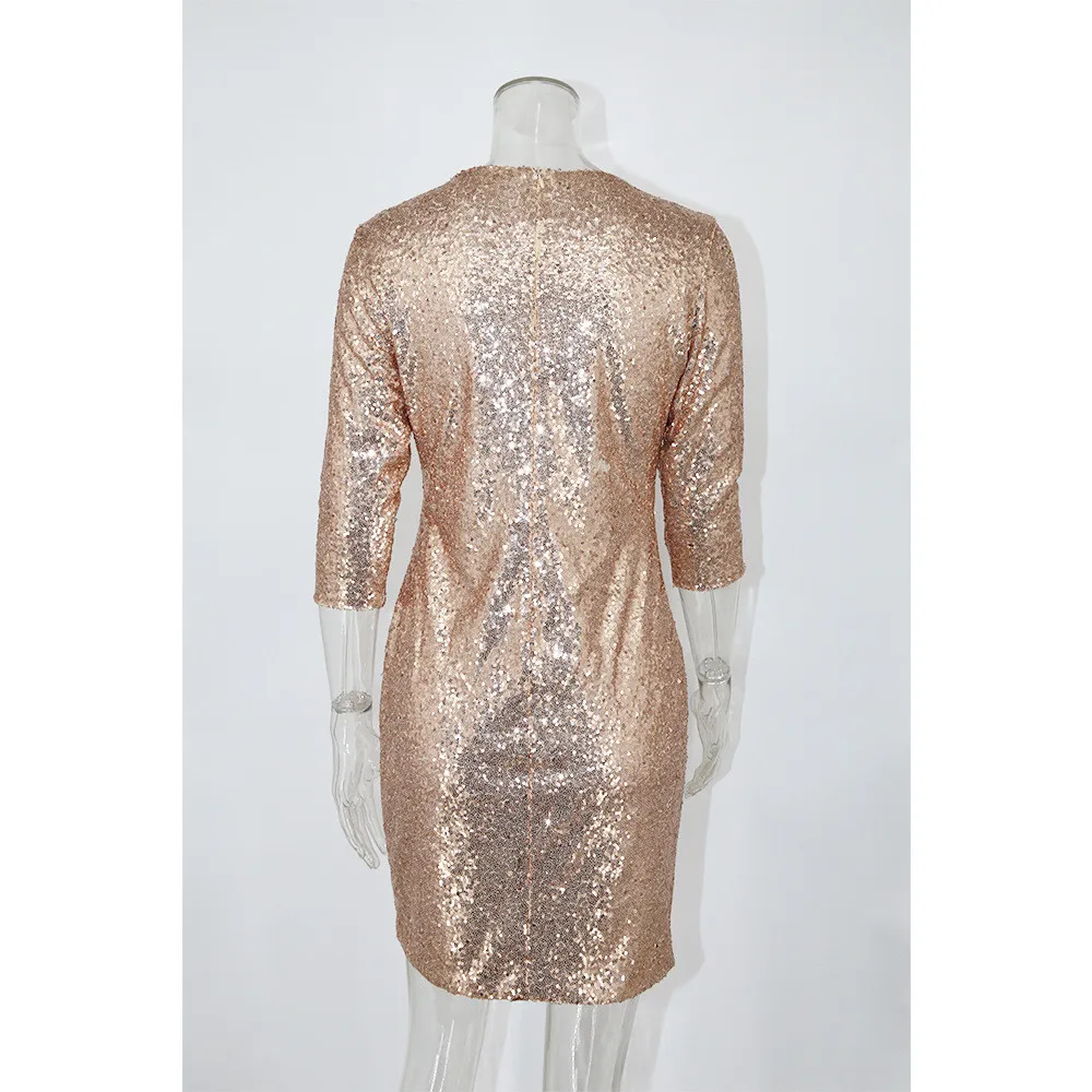 Women Sequin Dress Deep V-Neck Sleeve Cross Sexy Dress 14_