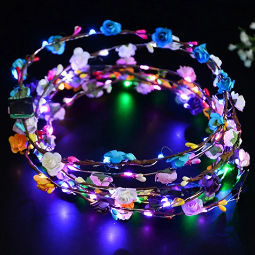 

Flashing LED Glow Flower Crown Headbands Light Party Rave Floral Hair Garland Wreath Wedding Flower Girl Headpiece Decor