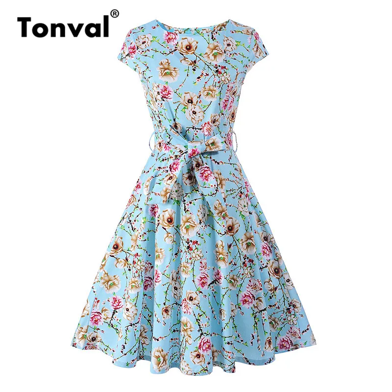 Tonval Vintage Cap Sleeve Floral Blue Dress with Belt Women Summer Cotton Retro Dresses Casual Hepburn Swing Dress
Tonval Vintage Cap Sleeve Floral Blue Dress with Belt Women Summer Cotton Retro Dresses Casual Hepburn Swing Dress