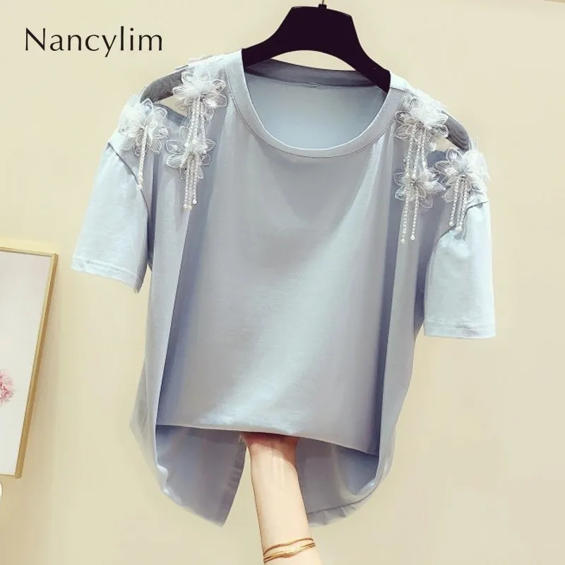 2019 Summer New Hand-made Flower Nail Bead Chain Exposed Shoulder Round Collar Short-sleeved T-shirt Woman Leisure Fresh Coat T
2019 Summer New Hand-made Flower Nail Bead Chain Exposed Shoulder Round Collar Short-sleeved T-shirt Woman Leisure Fresh Coat T