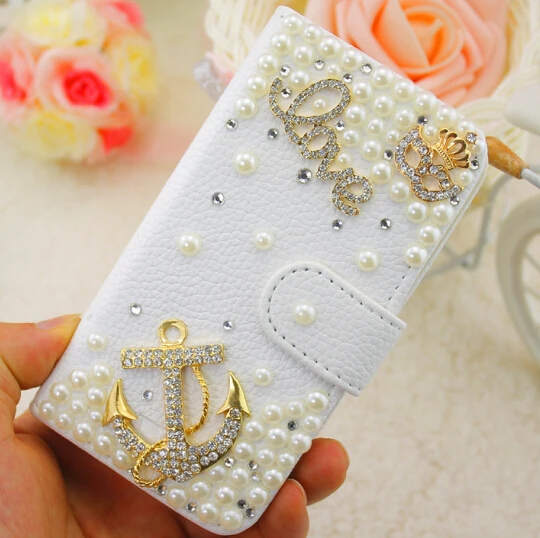 Luxury Bling Anchor Pearls Customized White Embossed PU Leather font b Case b font Cover for