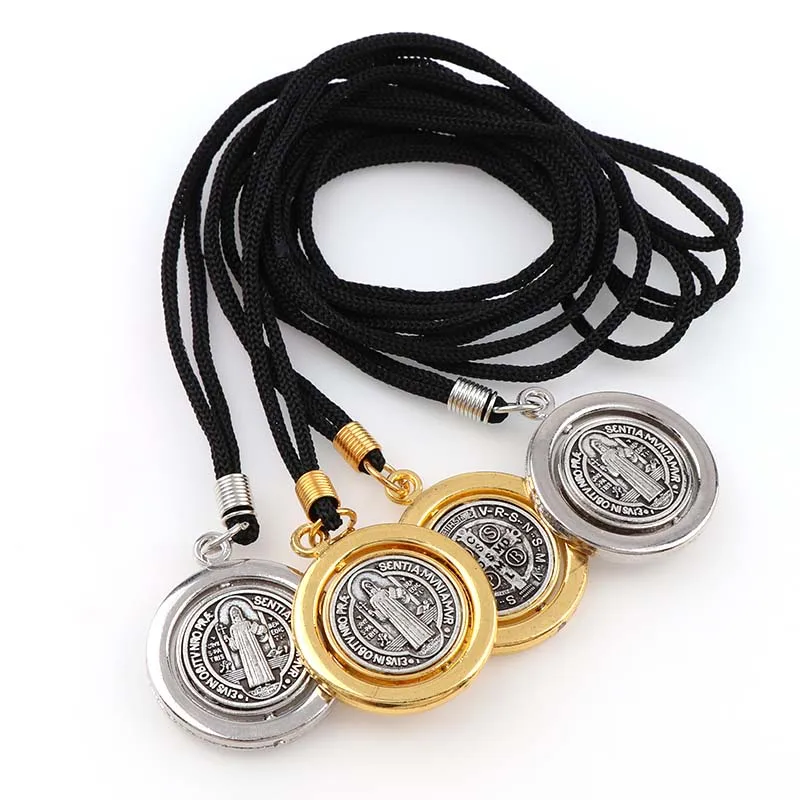 70cm Black Rope Round Rotatable Saint Benedict Medal Pendant Necklace with Silver and Yellow Gold Color Charms Necklace
70cm Black Rope Round Rotatable Saint Benedict Medal Pendant Necklace with Silver and Yellow Gold Color Charms Necklace