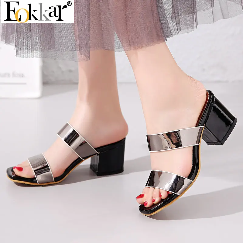 

Eokkar 2019 Women Open Toe Sandals Summer Slides Patent Lether Square High Heel All Match Mules Shoes Ladies Pumps Size34-45