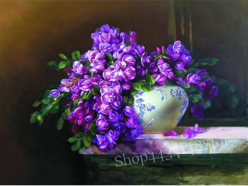 Фото Алмазная живопись 5d &quotсделай сам" квадратные стразы фиолетовые сирени цветы
