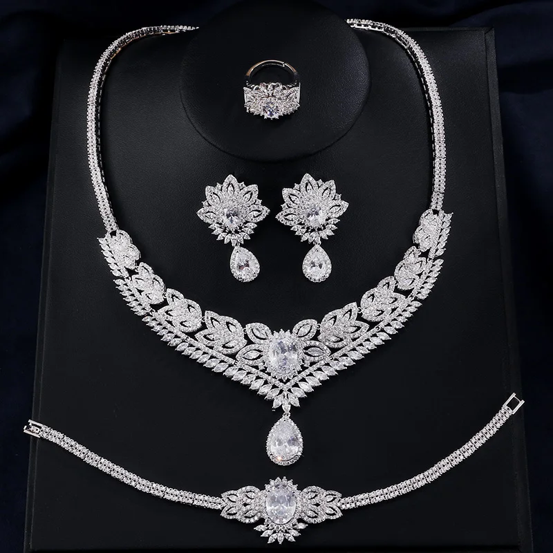 UILZ Luxury Brand Cubic Zircon Evening Jewelry Set Earrings Necklace Bracelet Ring Women Wedding Dress Accessories JMSP218 | Украшения и