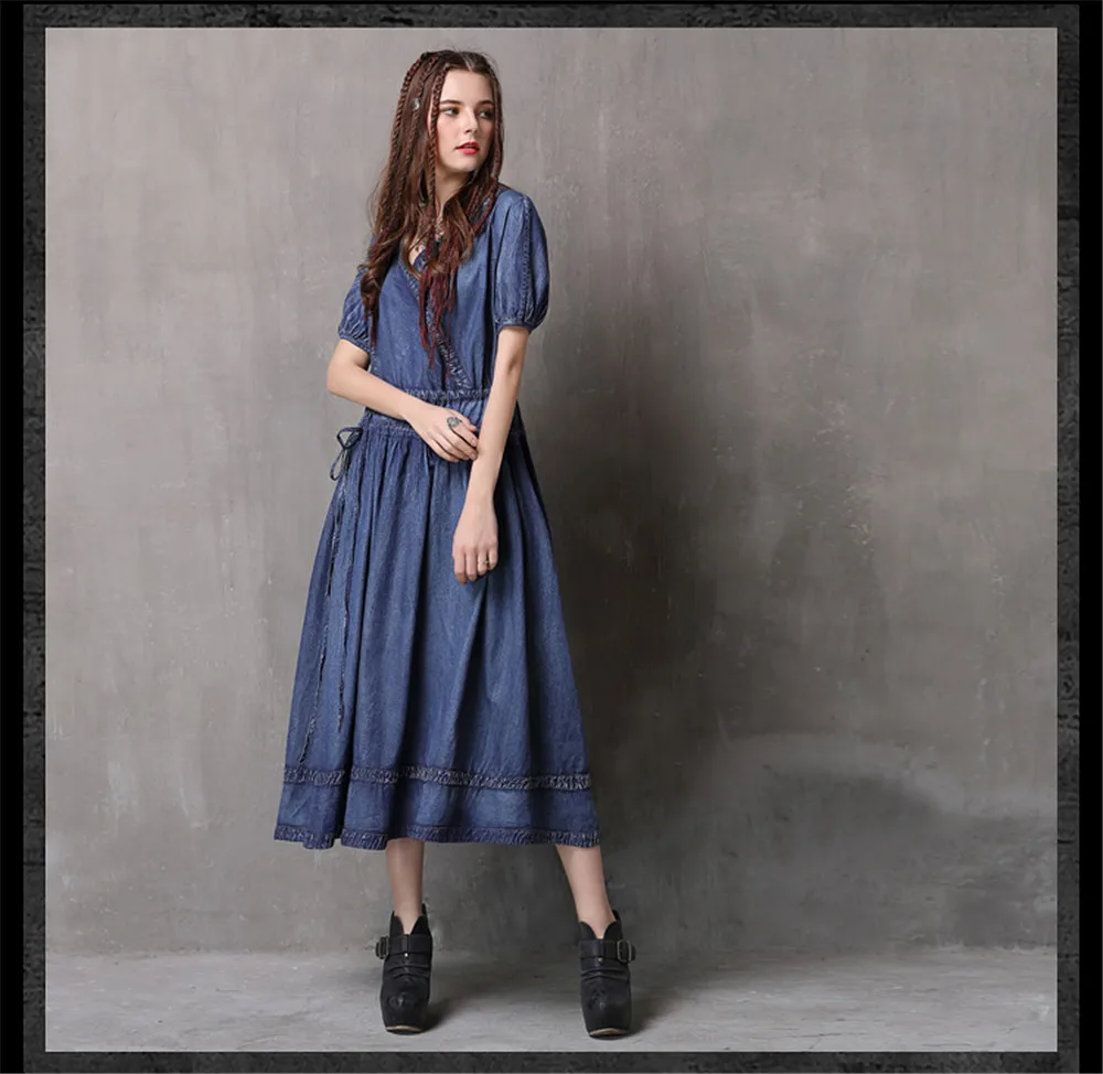 Vintage Adjustable Waist Summer Dress 2018 New Denim Women V-Neck Dresses Hollow out Lantern Sleeve Swing Hem Vestidos (8)