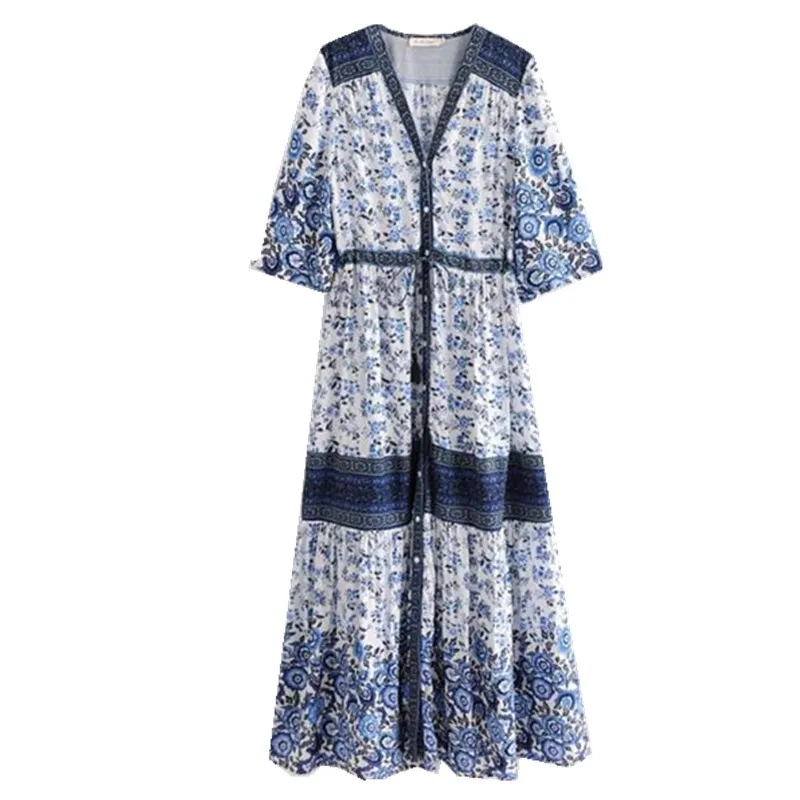 BOHO Deep V neck Open Buttons Blue white Floral Print Dress 2018 Ethnic Woman Half Sleeve Swing Maxi Long Dresses | Женская одежда