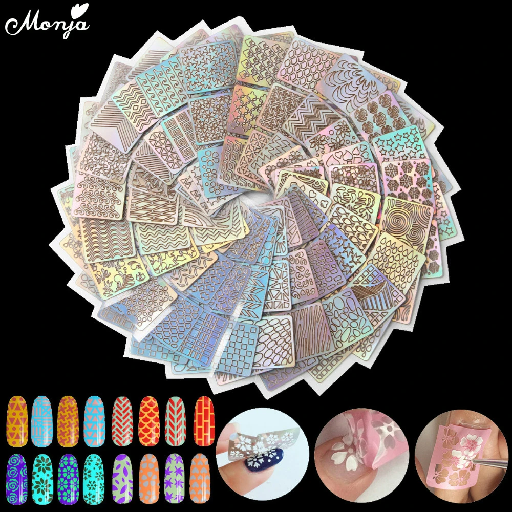 Monja 24 Sheets/set Nail Art Vinyls Hollow Laser Transfer Sticker Stencil 3D Image DIY Guide Template Stamp Decals Foils
Monja 24 Sheets/set Nail Art Vinyls Hollow Laser Transfer Sticker Stencil 3D Image DIY Guide Template Stamp Decals Foils